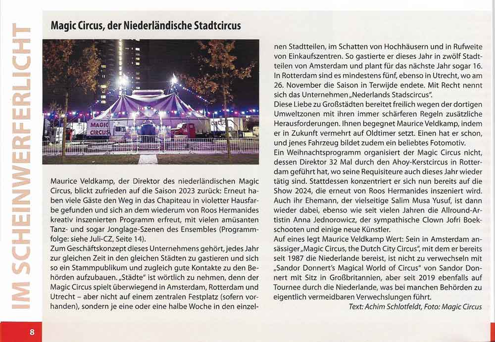 Bericht van de Duitse CircusZeitung over Magic Circus, Het Nederlands Stadscircus in 2023.